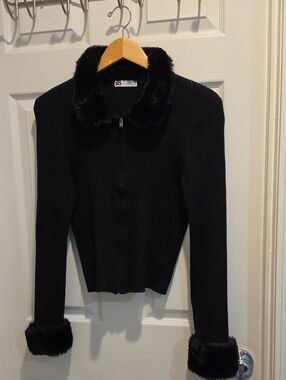 SO Black Ribbed Zip Cardigan with Faux-Fur Collar & Cuffs